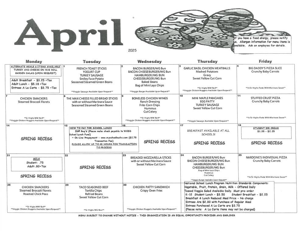 April Lunch Menu April Lunch Menu